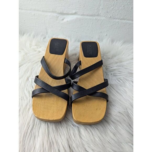 J. Crew Wood Slide Sandals Womens Size 8 Square Toe Y2K Black Leather Made in It - Picture 1 of 6